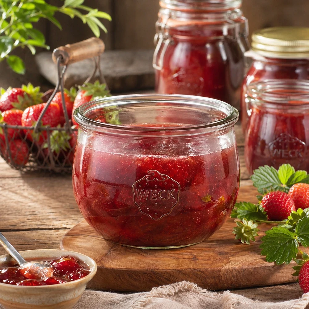 Słoik tulipanowy WECK RR100 o pojemności 580 ml WECK RR100 Słoik Tulip 580ml wypełniony dżemem truskawkowym na drewnianej desce ze świeżymi truskawkami i słoikami na przetwory