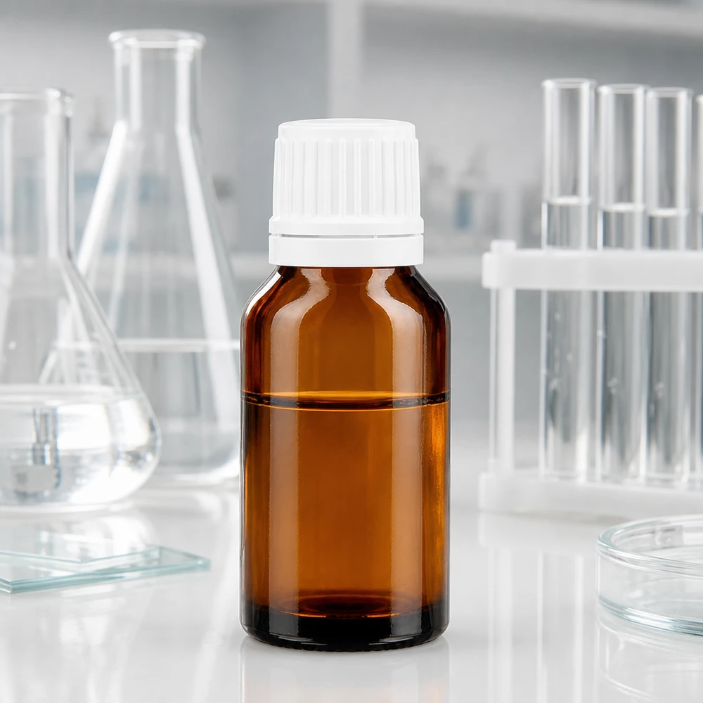 Brązowa butelka szklana o pojemności 15 ml z białym zamknięciem zabezpieczającym przed dziećmi, zapewniającym oryginalność produktu, w laboratorium