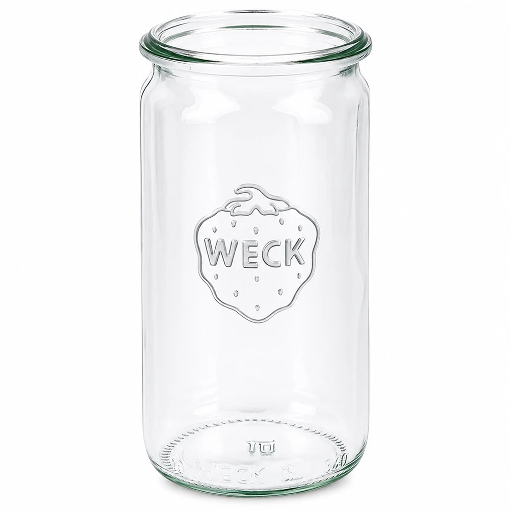 Szklany słoik cylindryczny WECK RR60 o pojemności 340 ml WECK słoik 340ml RR60 przezroczysty słoik z logo WECK do konserwowania i przechowywania przetworów