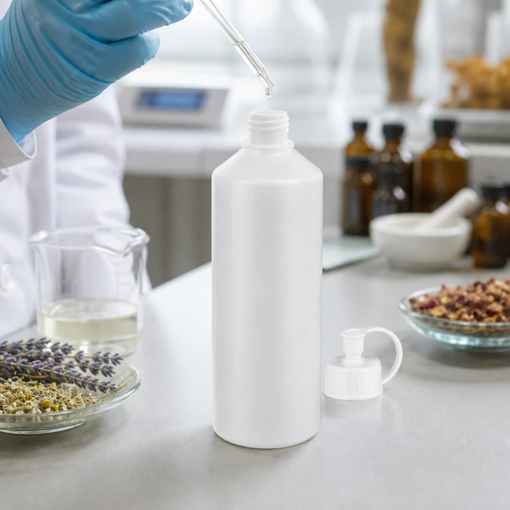 Butelka apteczna HDPE 100ml z zakrętką, z rozpylaczem Biała butelka z HDPE o pojemności 100 ml z odkręconą nakrętką z rozpylaczem obok ziół leczniczych w laboratorium