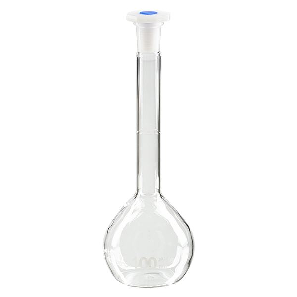 Kolba miarowa 100 ml ze standardowym szlifowanym złączem i korkiem PEHD Kolba miarowa 100 ml ze standardowym szlifowanym złączem i korkiem PEHD