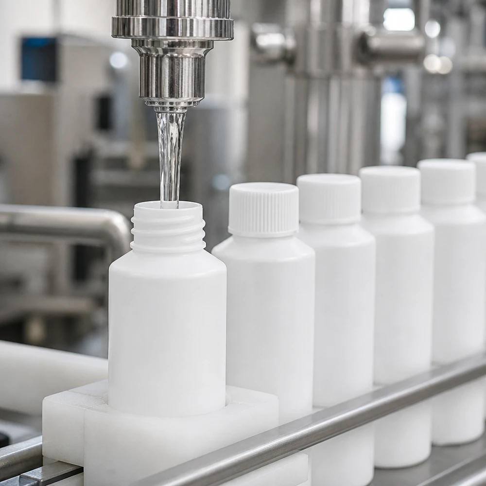 Automatyczna linia rozlewnicza napełnia białe butelki apteczne z HDPE o pojemności 50 ml z zamknięciem zabezpieczającym