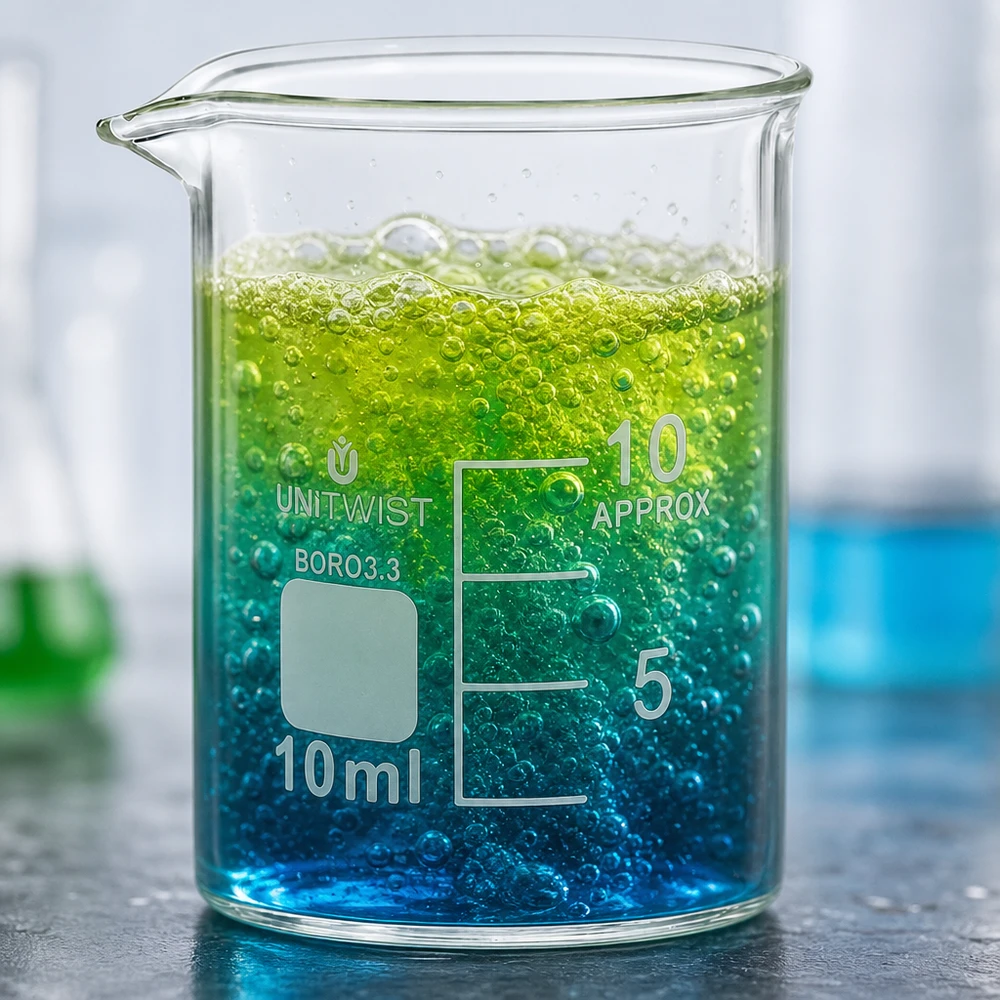 Szklanka o pojemności 10 ml, niskiego kształtu, zawierająca płyn o barwie niebiesko-zielonej z licznymi pęcherzykami, wykonana ze szkła borokrzemowego 3.3