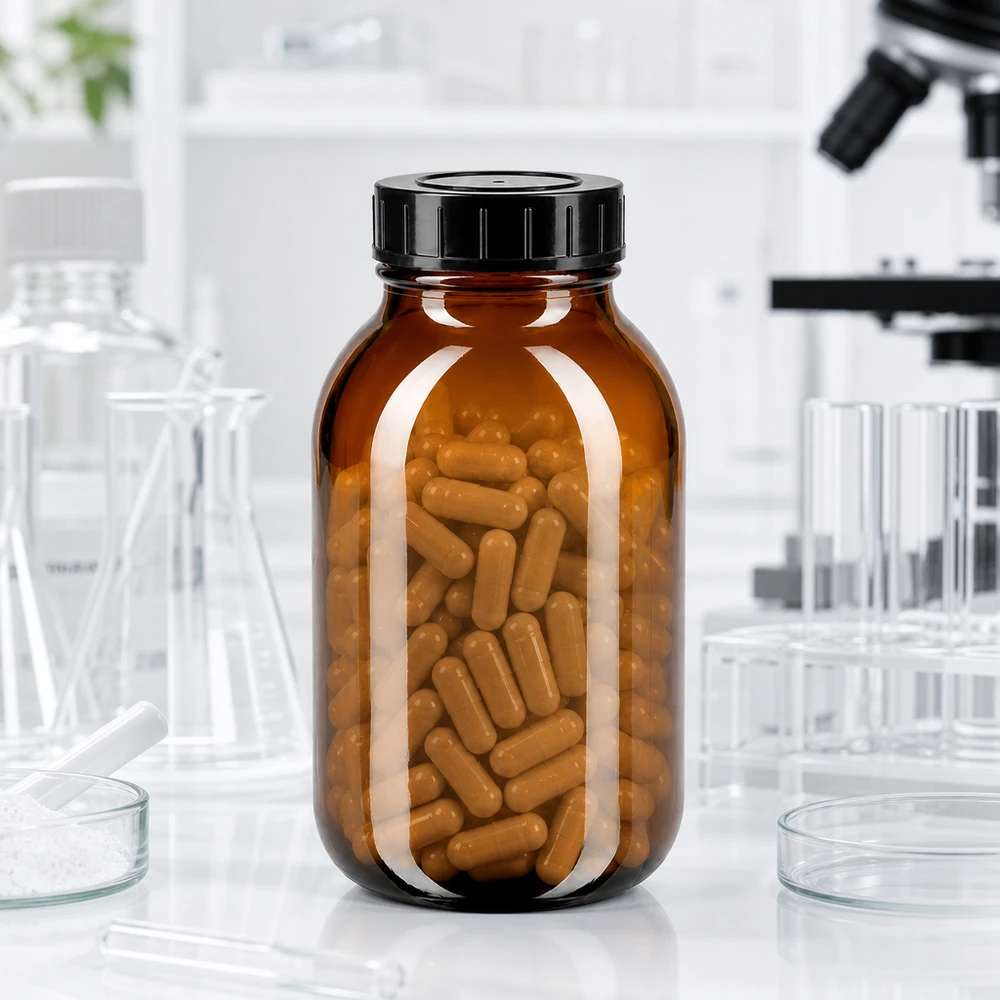 Butelka z szeroką szyjką o pojemności 500 ml z bursztynowego szkła z zakrętką Butelka z bursztynowego szkła o pojemności 500 ml z dużym otworem i szczelną zakrętką do zastosowań farmaceutycznych
