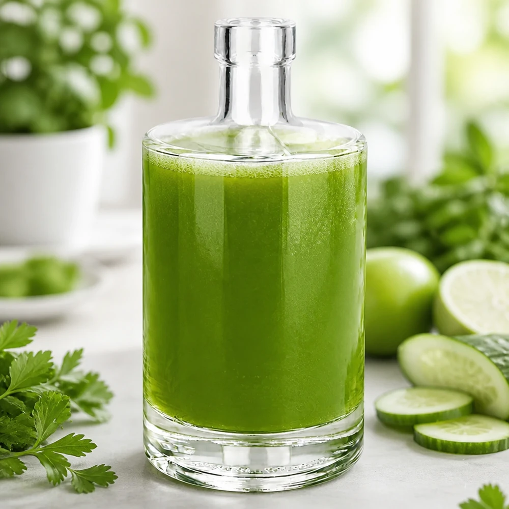 Szklana butelka Marie 500 ml bez zamknięcia UNiTWIST® 500 ml szklana butelka Marie wypełniona zielonym smoothie otoczonym ogórkiem i ziołami dla inspiracji zdrowym napojem