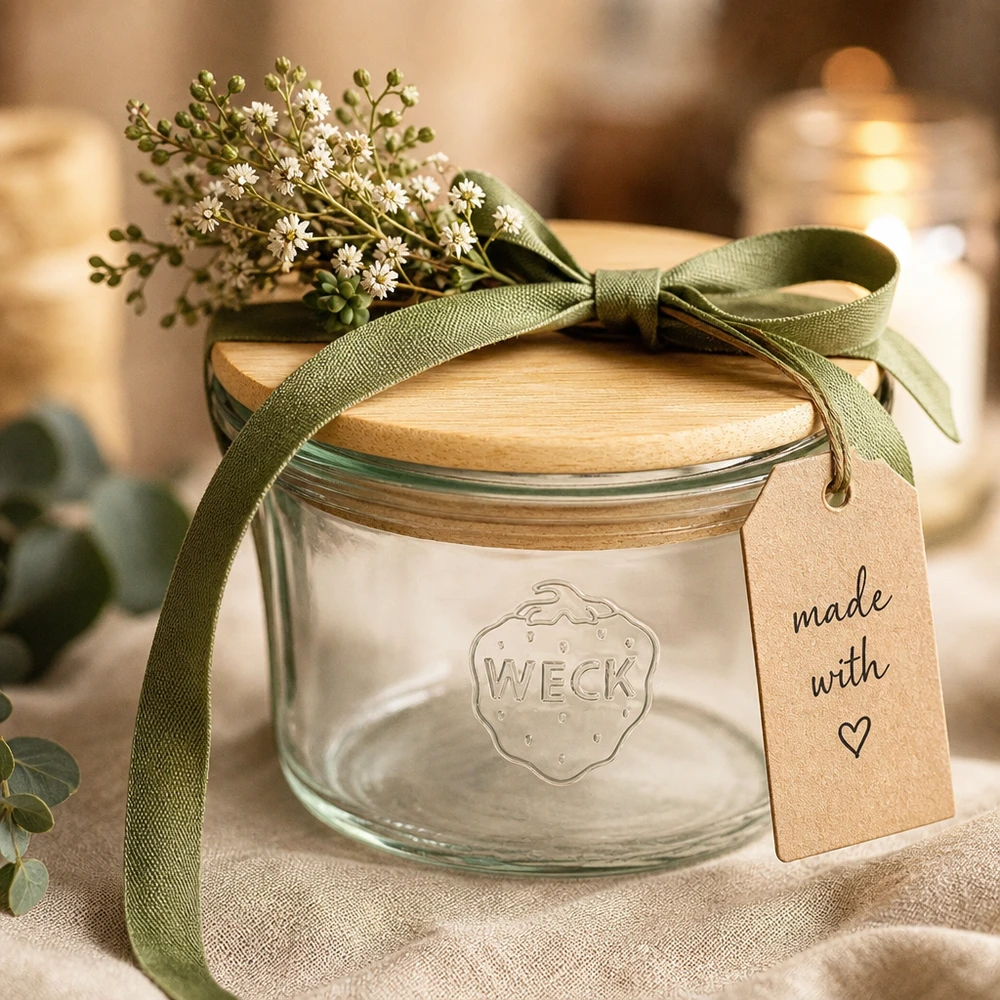 WECK mini słoik 35ml z drewnianą pokrywką jako pomysł na prezent z zieloną wstążką w kwiaty i metką Made with Love