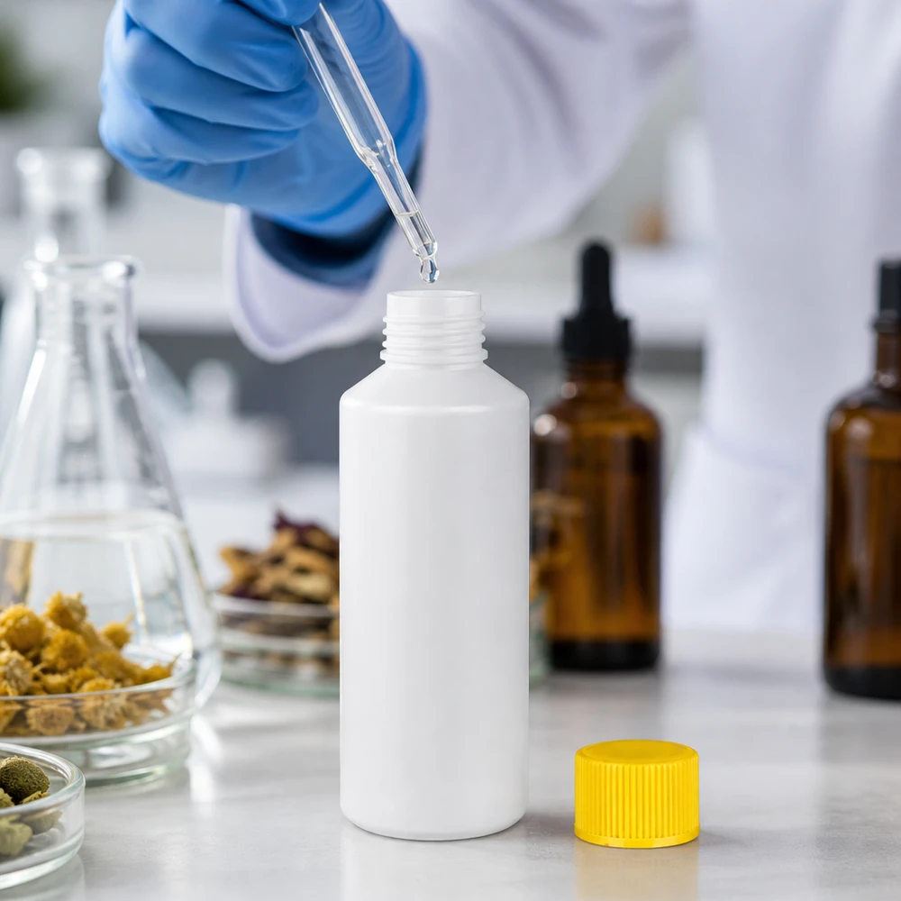 Butelka apteczna HDPE 100ml biała, z żółtym SV Butelka apteczna z HDPE o pojemności 100 ml, biała, z żółtą zakrętką, w laboratorium