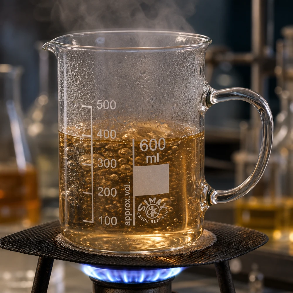 Zlewka 600 ml ze szkła borokrzemowego, z uchwytem Szklana zlewka o pojemności 600 ml z uchwytem, umieszczona na palniku gazowym, w której gotuje się złocistożółty płyn i unosi się para