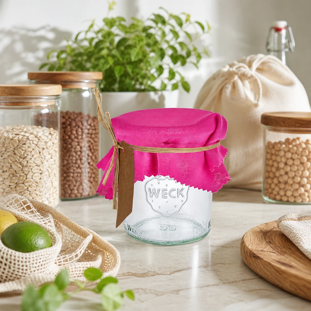 Różowa serwetka kwadratowa 12 cm na słoiku w zrównoważonej kuchni zero waste ze słoikami do przechowywania