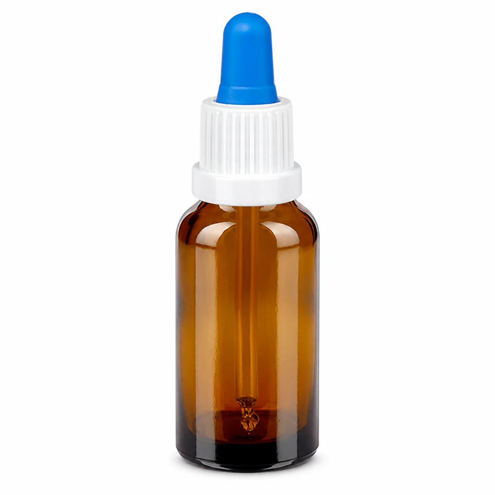 Butelka z pipetą 20 ml biała/niebieska OV BrownLine UT18/20 Butelka z pipetą z bursztynowego szkła o pojemności 20 ml z białą zakrętką i niebieską pipetą do precyzyjnego dozowania