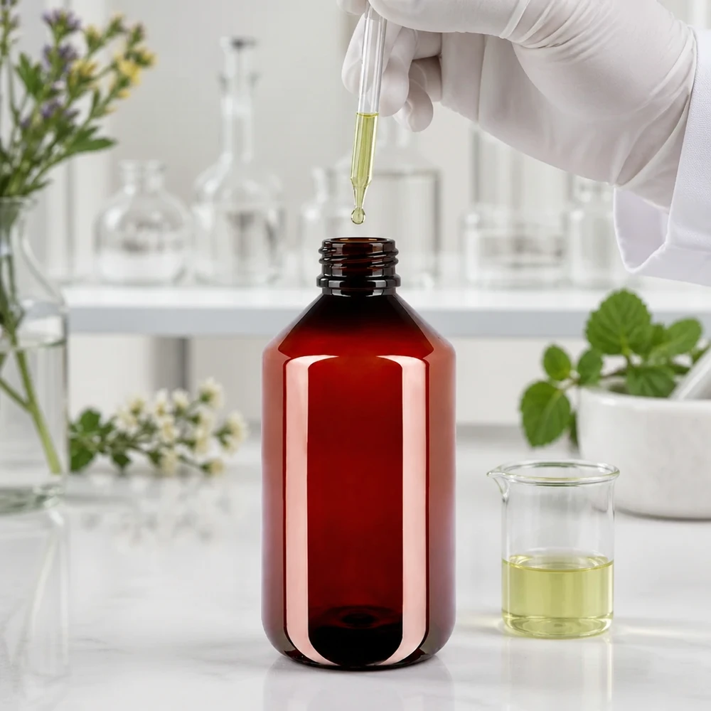 Zastosowanie laboratoryjne z brązową butelką PET o pojemności 500 ml i pipetą do precyzyjnego napełniania