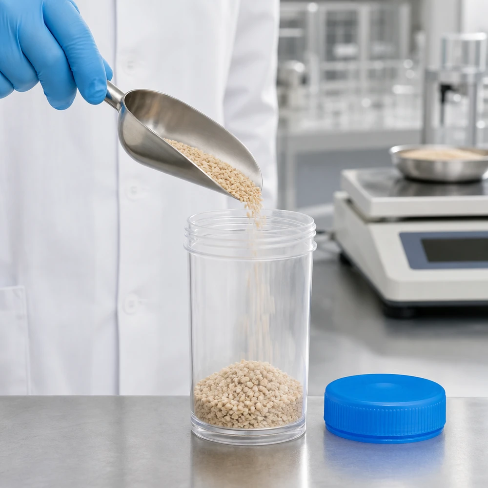 Uniwersalny plastikowy słoik (naczynie) 50 ml Laborant wsypuje ziarnistą próbkę metalową łopatką do przezroczystego słoika z szeroką szyjką o pojemności 50 ml