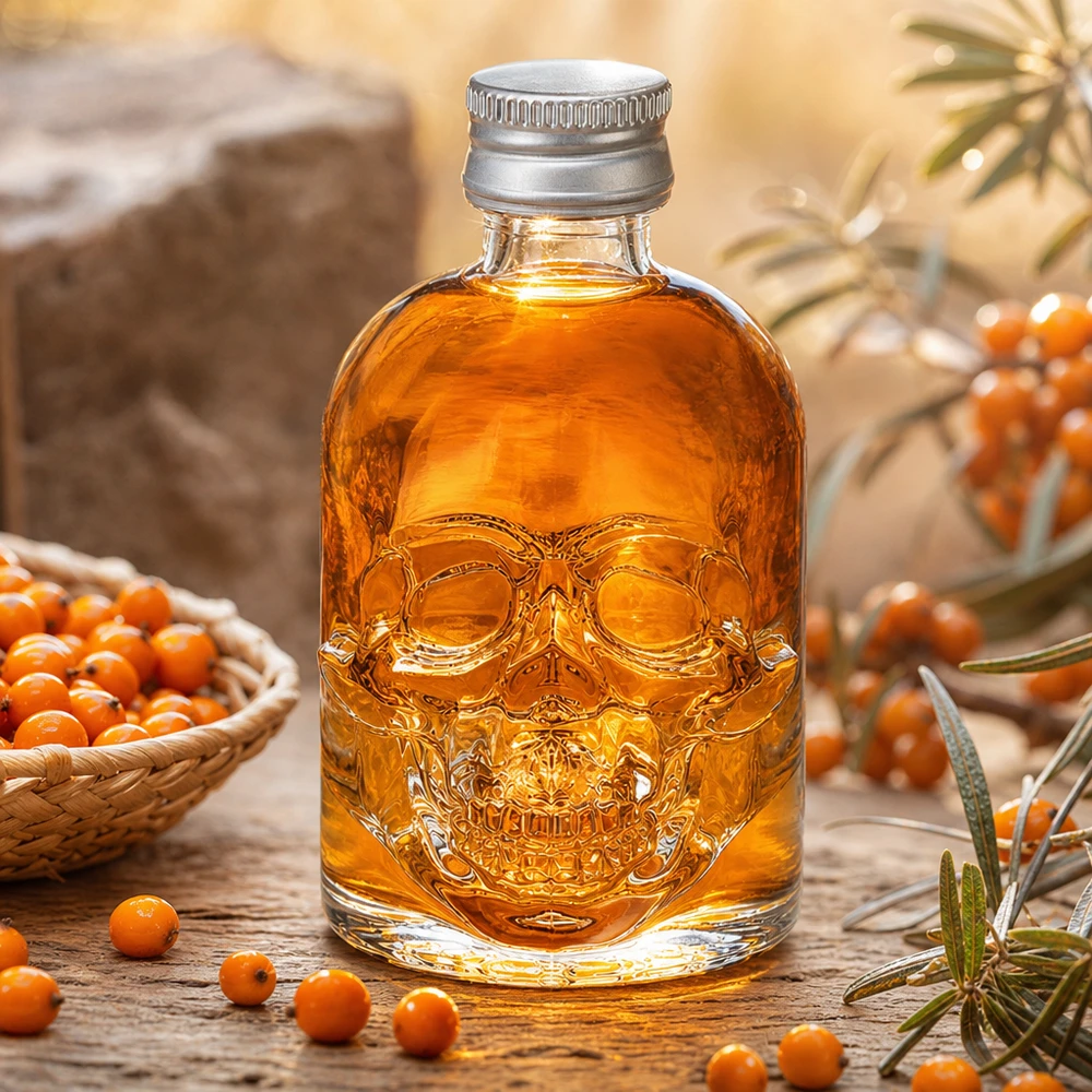 Szklana butelka 50 ml Hector i srebrny zakrętka UNiTWIST® 50 ml szklana butelka Hector wypełniona likierem z rokitnika pomiędzy pomarańczowymi jagodami i elementami dekoracyjnymi w ciepłej atmosferze.