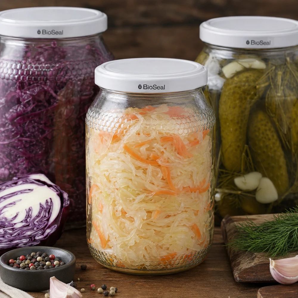 Słoik na miód o pojemności 900 ml z pokrywką BioSeal wypełniony sfermentowaną kiszoną kapustą wraz z kiszoną czerwoną kapustą i przyprawami.