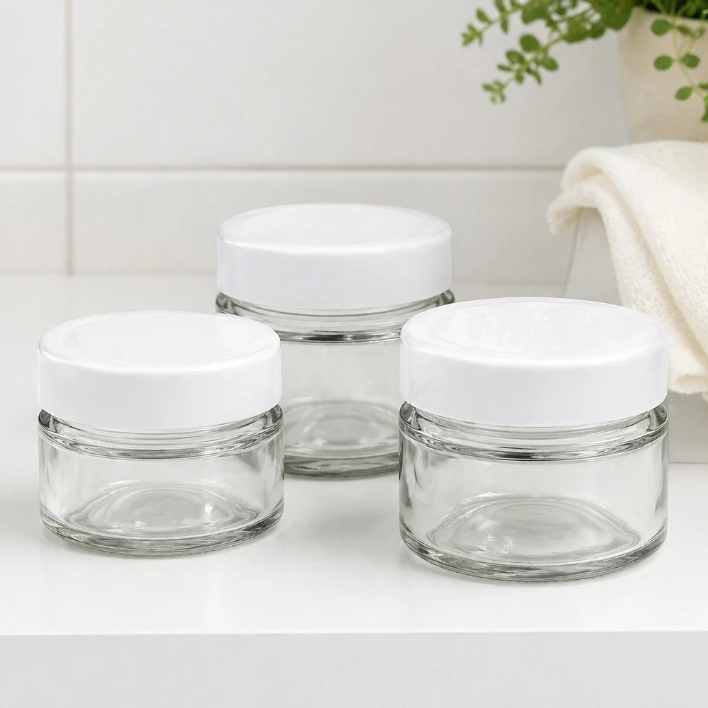 Zestaw okrągłych słoików 80 ml z pokrywką BasicSeal do łazienki - eleganckie szklane słoiki na kosmetyki i przybory łazienkowe