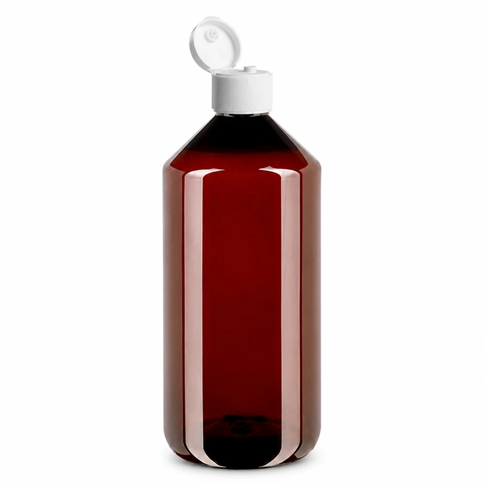 Butelka PET o pojemności 1000 ml, brązowo-przezroczysta, z białym zamknięciem na zatrzask, wykonana z wysokiej jakości tworzywa sztucznego