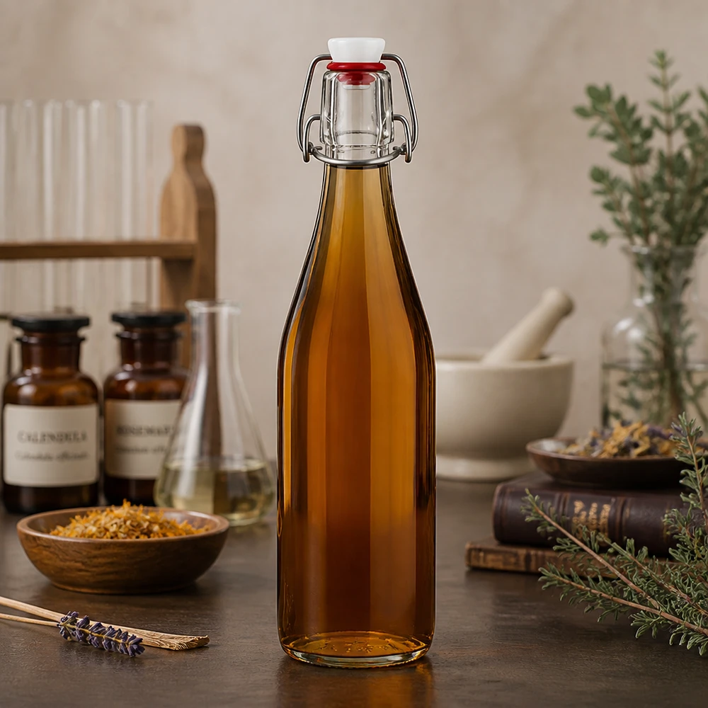 500ml Glasflasche Bügelverschluss amber braun apotheker Design mit Naturkräutern Heilpflanzen vintage Küche nostalgisch