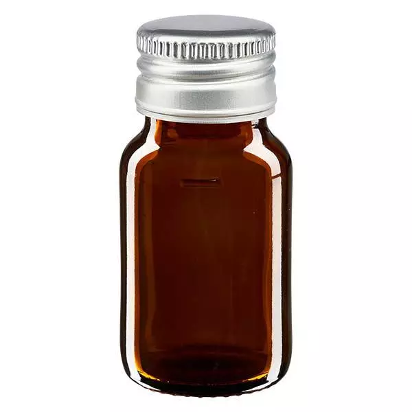 Butelka na lek 30 ml brązowa, z zakrętką ze srebrnego aluminium ApoGlas. Farmaceutyczna jakość produkcji UE. Gwint 28 mm (PP28). (syrop, butelka z lekkiego szkła) Butelka na lek 30 ml brązowa, z zakrętką ze srebrnego aluminium ApoGlas. Farmaceutyczna jakość produkcji UE. Gwint 28 mm (PP28). (syrop, butelka z lekkiego szkła)