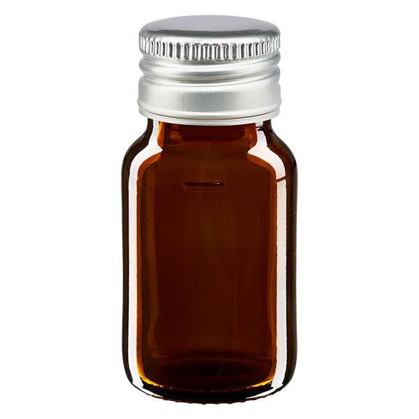 Butelka na lek 30 ml br&#261;zowa, z zakr&#281;tk&#261; ze srebrnego aluminium ApoGlas. Farmaceutyczna jako&#347;&#263; produkcji UE. Gwint 28 mm (PP28). (syrop, butelka z lekkiego szk&#322;a)