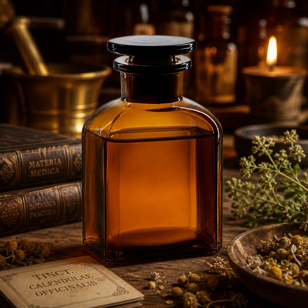 Kwadratowa butelka 150 ml z brązową szeroką szyjką i szklanym korkiem Butelka kwadratowa o pojemności 150 ml, z brązowego szkła, z szeroką szyjką i szklanym korkiem, przeznaczona do nalewek i wywarów ziołowych