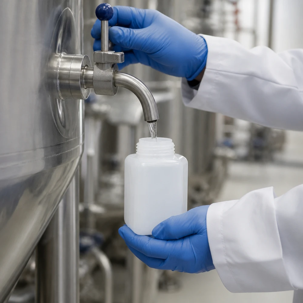 Laborant przelewa płyn ze zbiornika ze stali nierdzewnej do butelki na chemikalia z PE-HD o pojemności 1000 ml, z wąską szyjką, w kolorze naturalnym