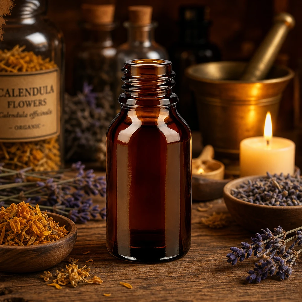 30ml brązowa butelka apteczna wysoki kształt ApoGlas z kwiatami nagietka zaprawa świeca aromaterapeutyczna konfiguracja