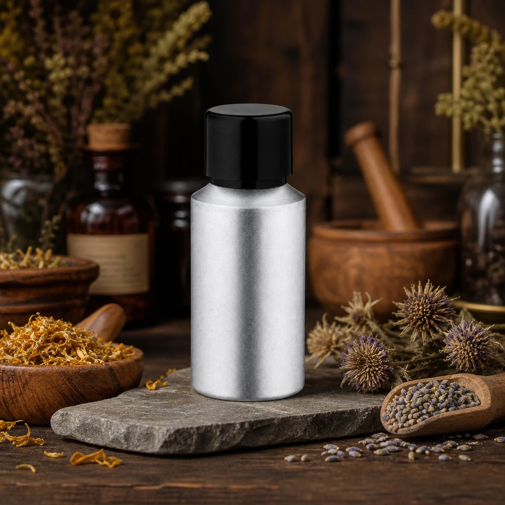 Butelka z barwionego aluminium o pojemności 30 ml z zakrętką Wysokiej jakości barwiona butelka aluminiowa o pojemności 30 ml z czarną zakrętką do naturalnych środków leczniczych i olejków ziołowych