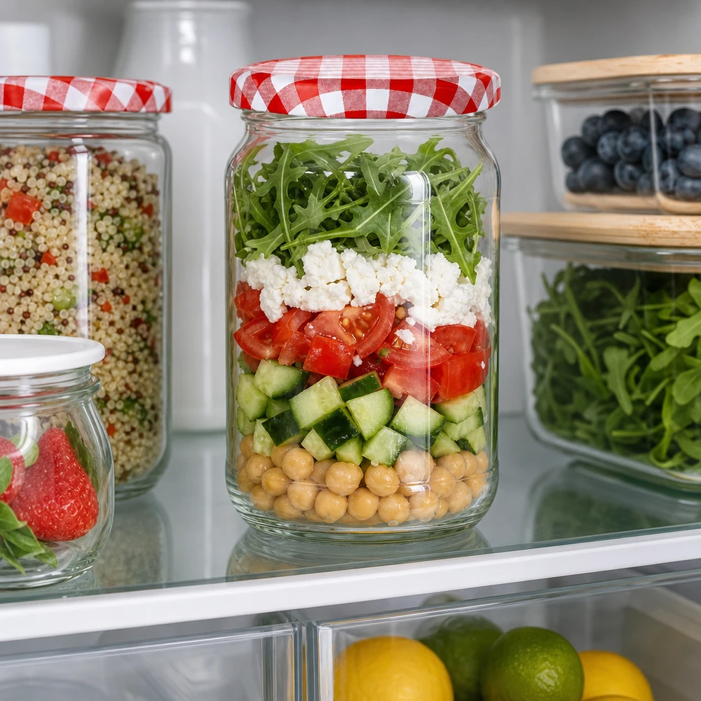 Słoik okrągły 1062 ml + pokrywka BasicSeal czerwono-biała UN.. 1062ml Rundglas mit rot-weiß kariertem Deckel als Meal-Prep Salatglas im Kühlschrank mit Schichtsalat und Kichererbsen