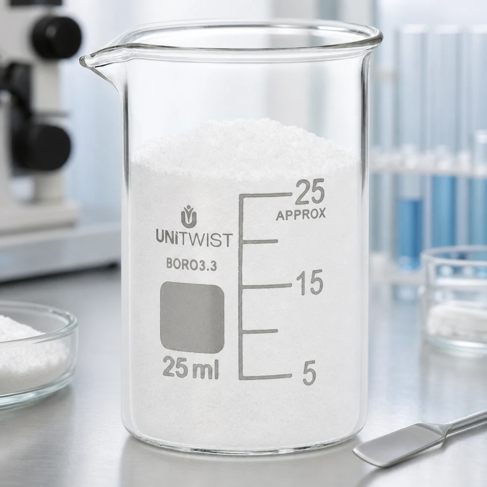 Zlewka 25 ml borokrzemianowa, niskoprofilowa UNiTWIST Szklanka UNiTWIST o pojemności 25 ml, o niskim profilu, wypełniona białym proszkiem, stojąca na laboratoryjnym stole ze stali nierdzewnej