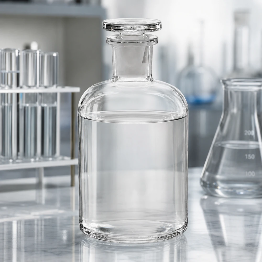 Artykuły laboratoryjne: butelka z zaokrąglonymi ramionami, 500 ml, przezroczysta, z wąską szyjką i szklanym korkiem, przeznaczona do przechowywania substancji chemicznych