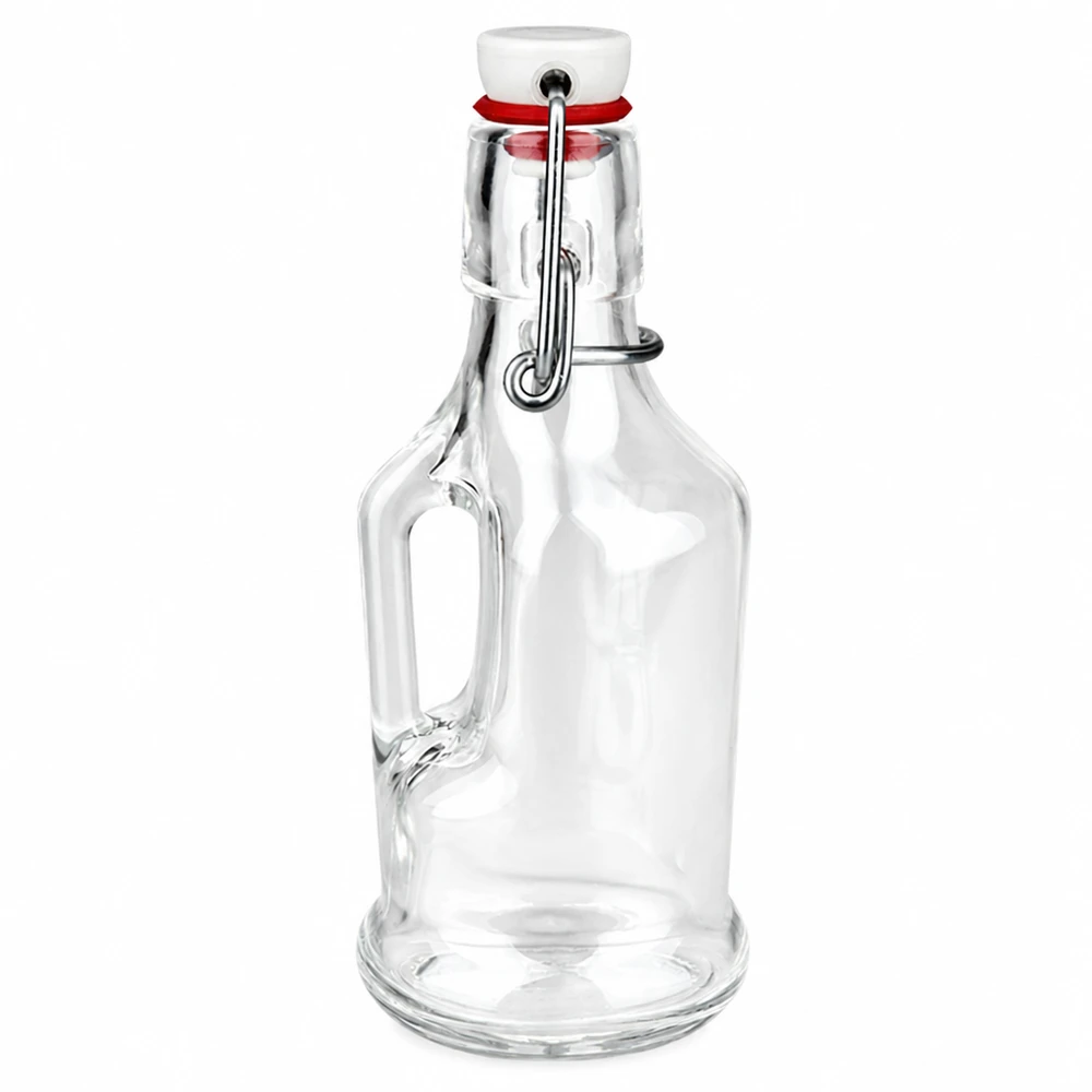 Szklana butelka Bertha o pojemności 200 ml z białą porcelanową pokrywką i uchwytem UNiTW na białym tle