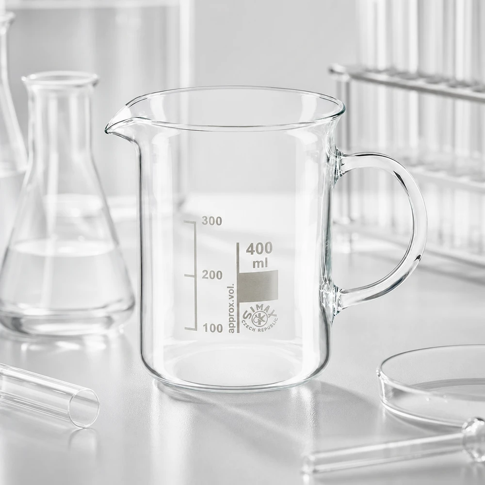 Zlewka 400 ml ze szkła borokrzemowego, z uchwytem Pusta zlewka o pojemności 400 ml z uchwytem, wykonana z przezroczystego szkła borokrzemowego, przeznaczona do użytku laboratoryjnego