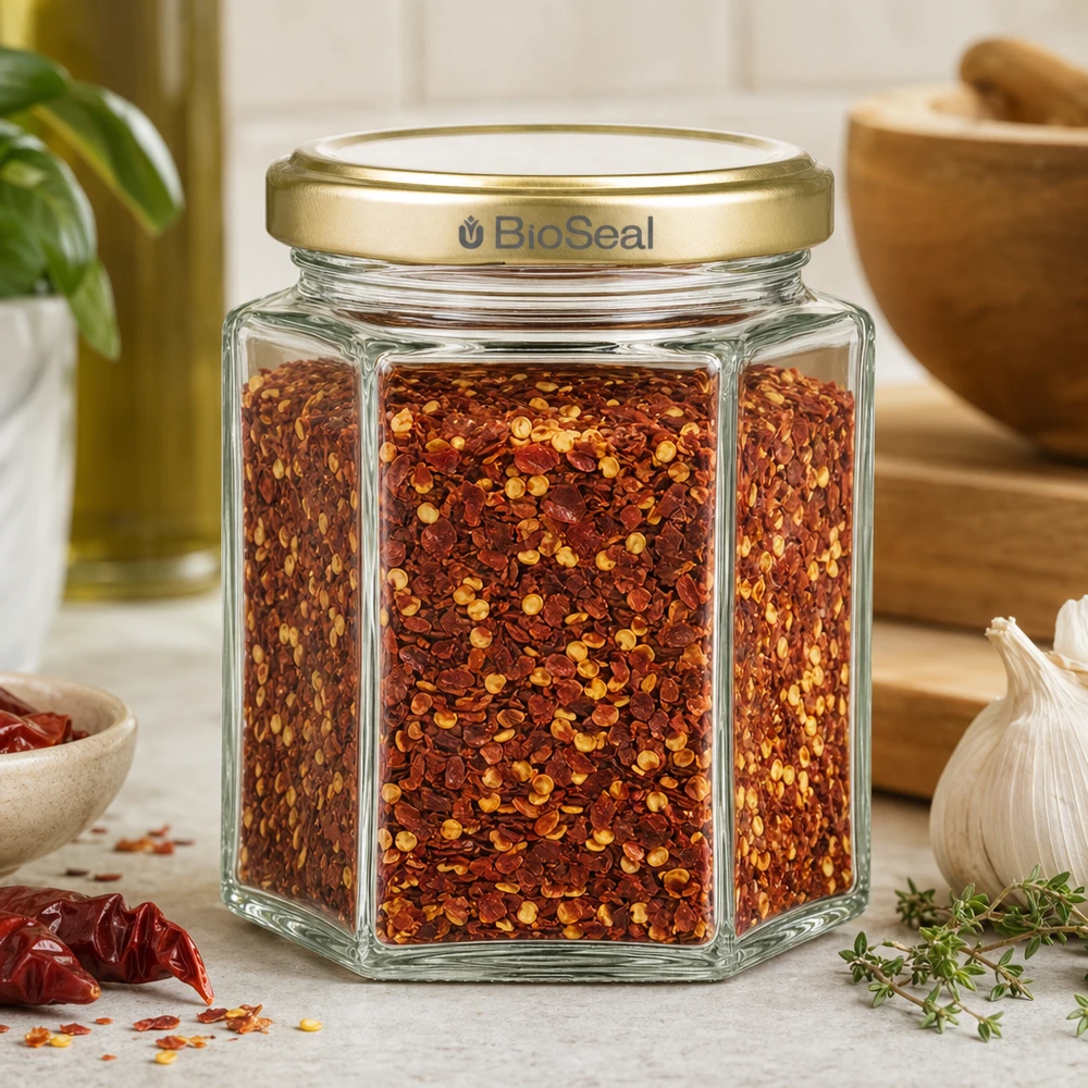 Słoik na miód 250g sześciokątny wypełniony mieszanką przypraw chilli złota pokrywka BioSeal atmosfera kuchni z czosnkiem tymiankiem