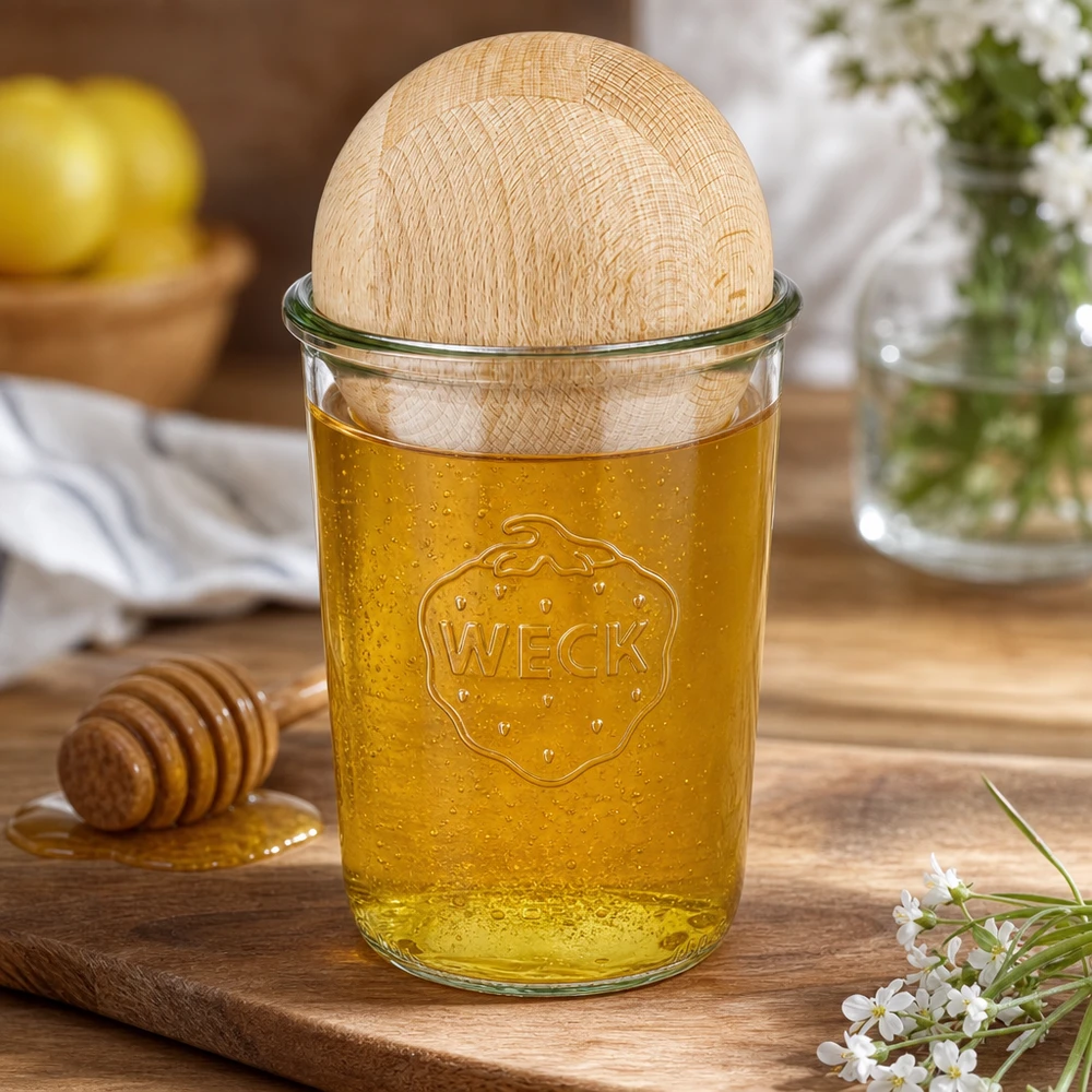 Kubek WECK RR100 850ml wypełniony miodem i kulką z drewna bukowego, dekoracyjny ekspozytor kuchenny z łyżeczką do miodu
