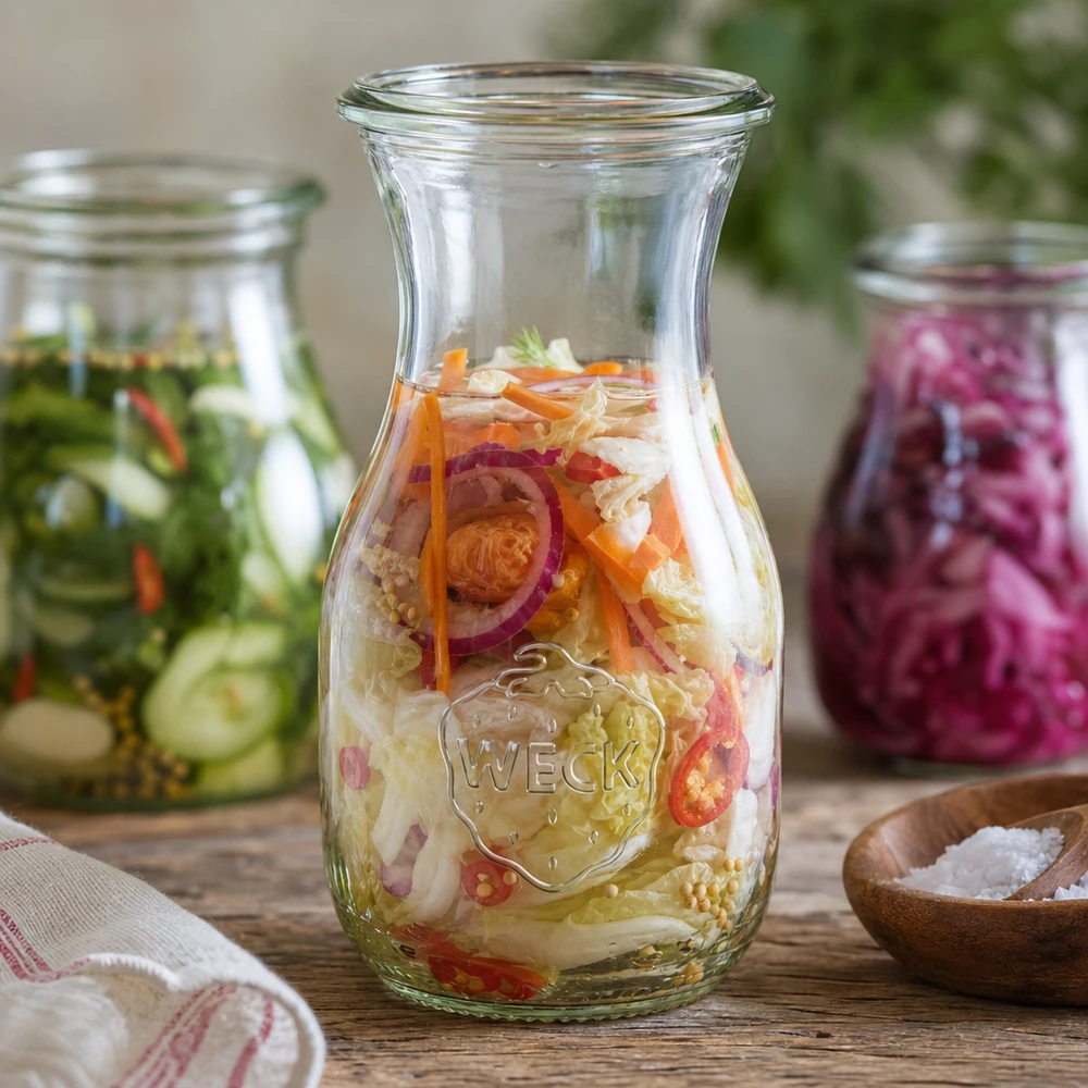 Butelka na sok WECK 290ml RR60 ze sfermentowanymi warzywami i kiszonymi ogórkami dla zdrowej konserwacji