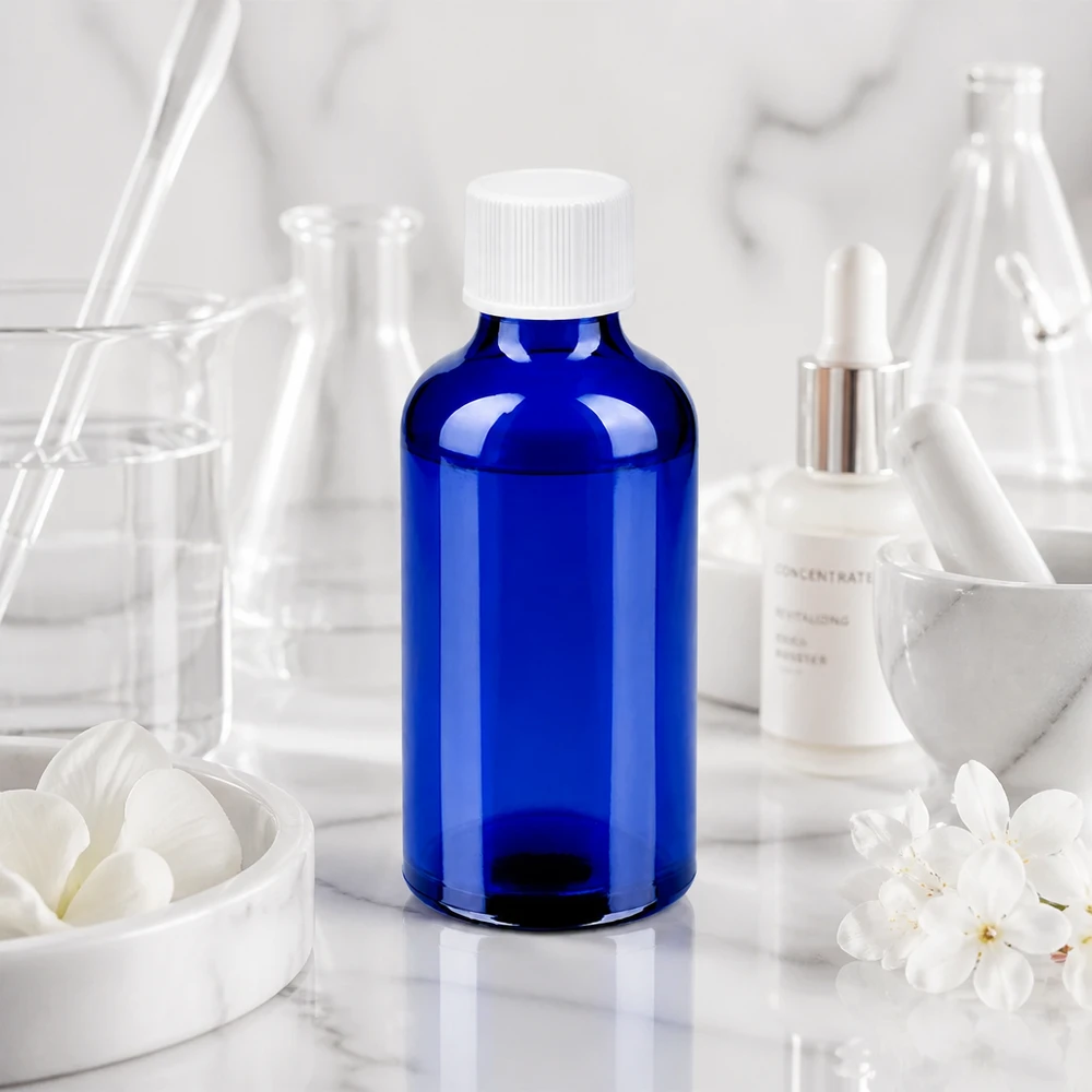 Butelka 50 ml 11 mm SV biała STD BlueLine UT18/50 Kompaktowa butelka laboratoryjna o pojemności 50 ml w eleganckim kobaltowo-niebieskim kolorze z praktyczną białą zakrętką