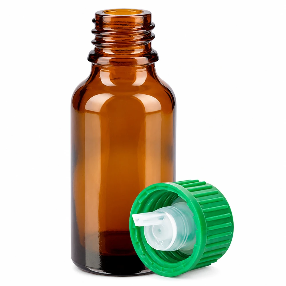 20 ml butelka z kroplomierzem 0,8 mm zielona STD BrownLine UT18/20 Butelka z brązowego szkła o pojemności 20 ml z zielonym zakraplaczem z otworem 0,8 mm na olejki eteryczne