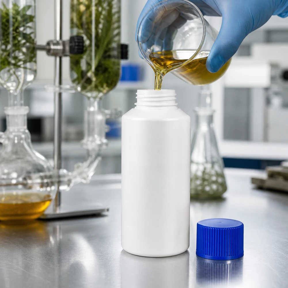 Butelka apteczna HDPE 30ml biała, z niebieskim SV Złoty olejek jest rozlewany do białych buteleczek aptecznych z HDPE o pojemności 30 ml z niebieską nakrętką