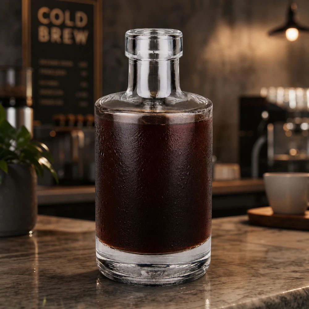 200 ml szklana butelka Marie wypełniona kawą parzoną na zimno w nowoczesnej atmosferze kawiarni Przykład zastosowania kawiarnia