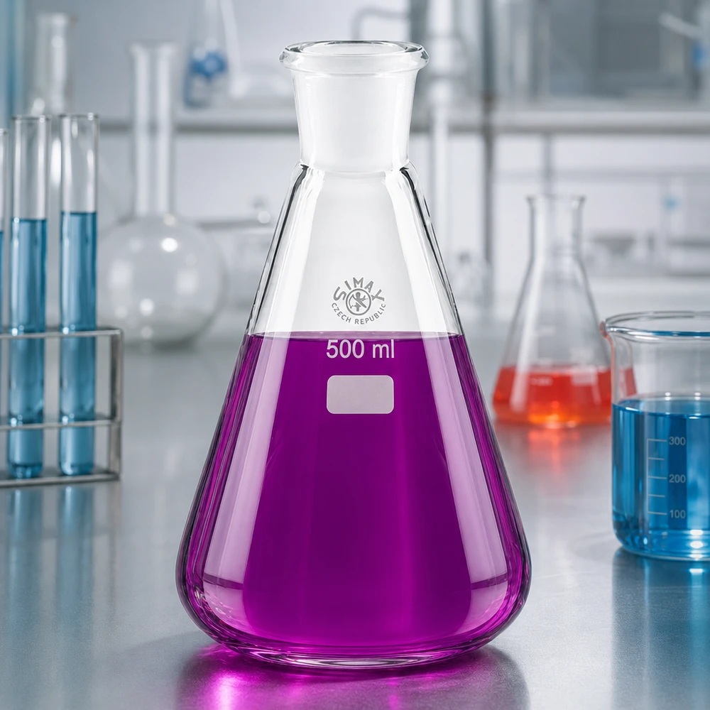 Kolba Erlenmeyera 500 ml ze standardowym szlifowanym złączem (29/32) Fioletowa ciecz w kolbie Erlenmeyera o pojemności 500 ml ze standardowym szlifowanym złączem 29/32 w laboratorium