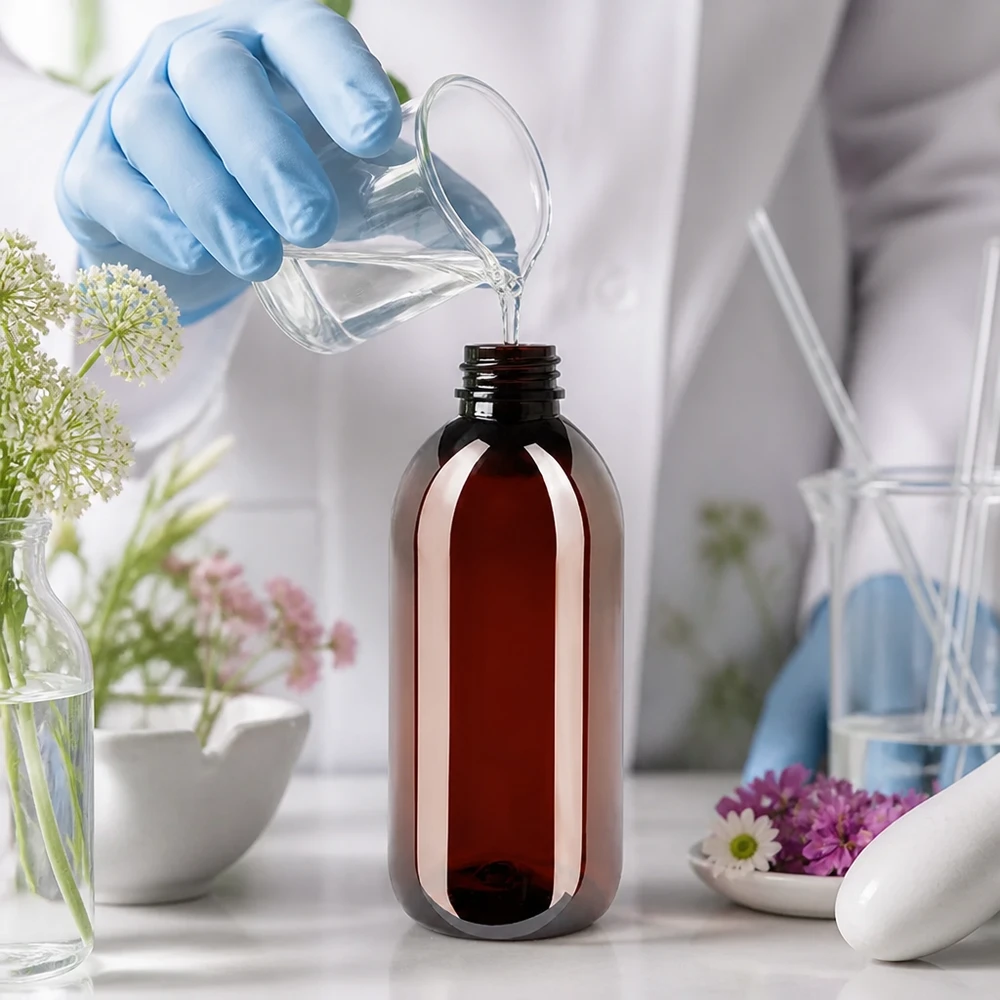 Butelka PET 250 ml z czarną nakrętką OV Pharmazeutische Abfüllung flüssiger Inhalt in braune 250ml Kunststoffflasche Labor