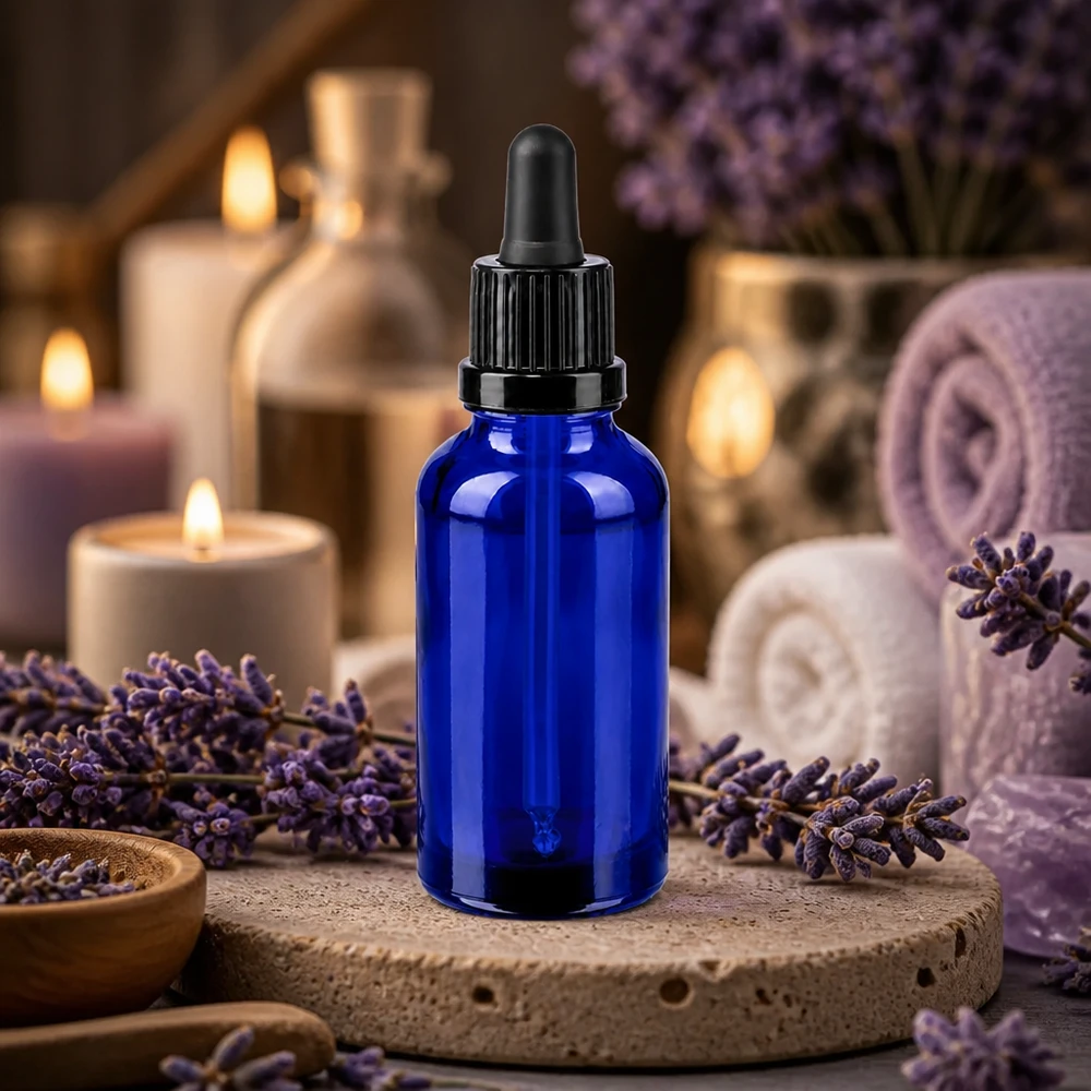 Butelka do leków płynnych 30 ml, czarna OV BlueLine UT18/30 Wysokiej jakości butelka z pipetą o pojemności 30 ml w eleganckim niebieskim kolorze do aromaterapii i olejków eterycznych