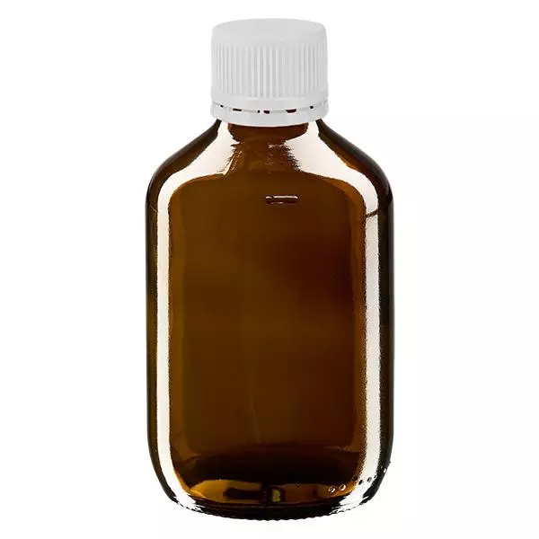 Butelka na lek 200 ml bursztynowa, zakrętka biała z pierścieniem zabezpieczającym ApoGlas. Farmaceutyczna jakość produkcji UE. Gwint 28 mm (PP28). (syrop, butelka z lekkiego szkła) Butelka na lek 200 ml bursztynowa, zakrętka biała z pierścieniem zabezpieczającym ApoGlas. Farmaceutyczna jakość produkcji UE. Gwint 28 mm (PP28). (syrop, butelka z lekkiego szkła)