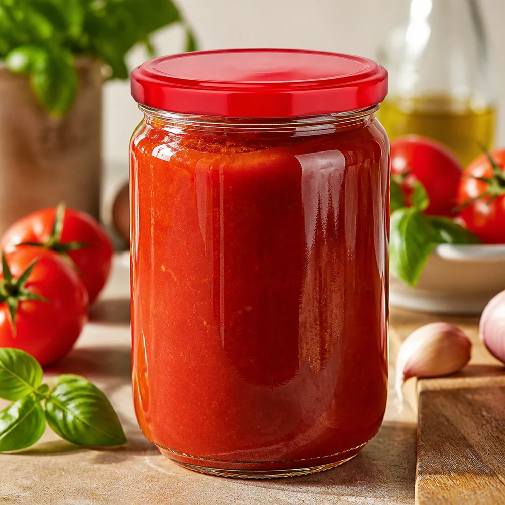 Okrągła szklanka 555 ml + pokrywka BasicSeal w kolorze czerwonym UNiTWIST Okrągły słoik UNiTWIST o pojemności 555 ml z czerwoną pokrywką BasicSeal, wypełniony domowym sosem pomidorowym