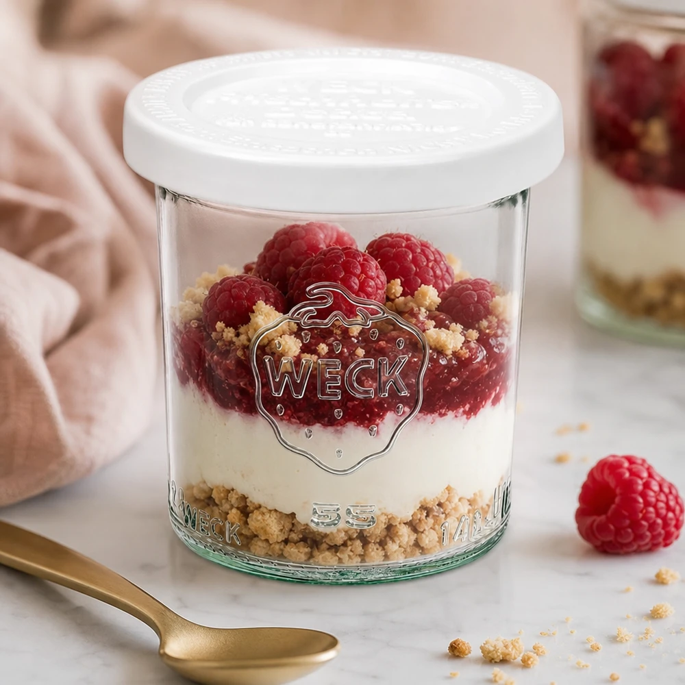 Słoik o pojemności 140 ml z pokrywką zachowującą świeżość WECK RR60 Kubki WECK 140ml RR60 wypełnione malinami i mascarpone - elegancka prezentacja słodkich deserów