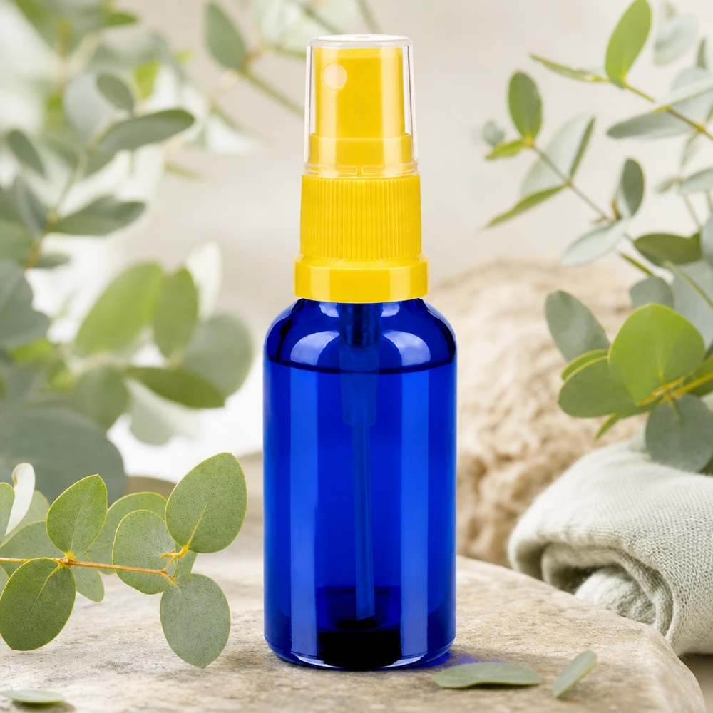 Butelka ze spryskiwaczem 30 ml żółta/przezroczysta STD BlueLine UT18/30 Pusta szklana butelka 30 ml z żółtą nasadką rozpylającą, idealna do samodzielnego napełniania naturalnych kosmetyków