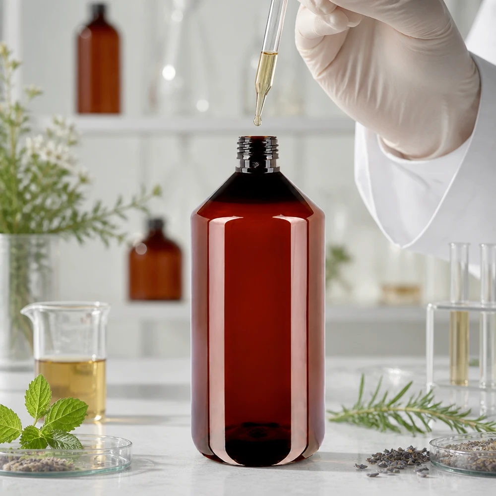 Butelka laboratoryjna o pojemności 1000 ml, w kolorze bursztynowym, wykonana z PET, z gwintem PP28, przeznaczona do olejków eterycznych i kosmetyków naturalnych