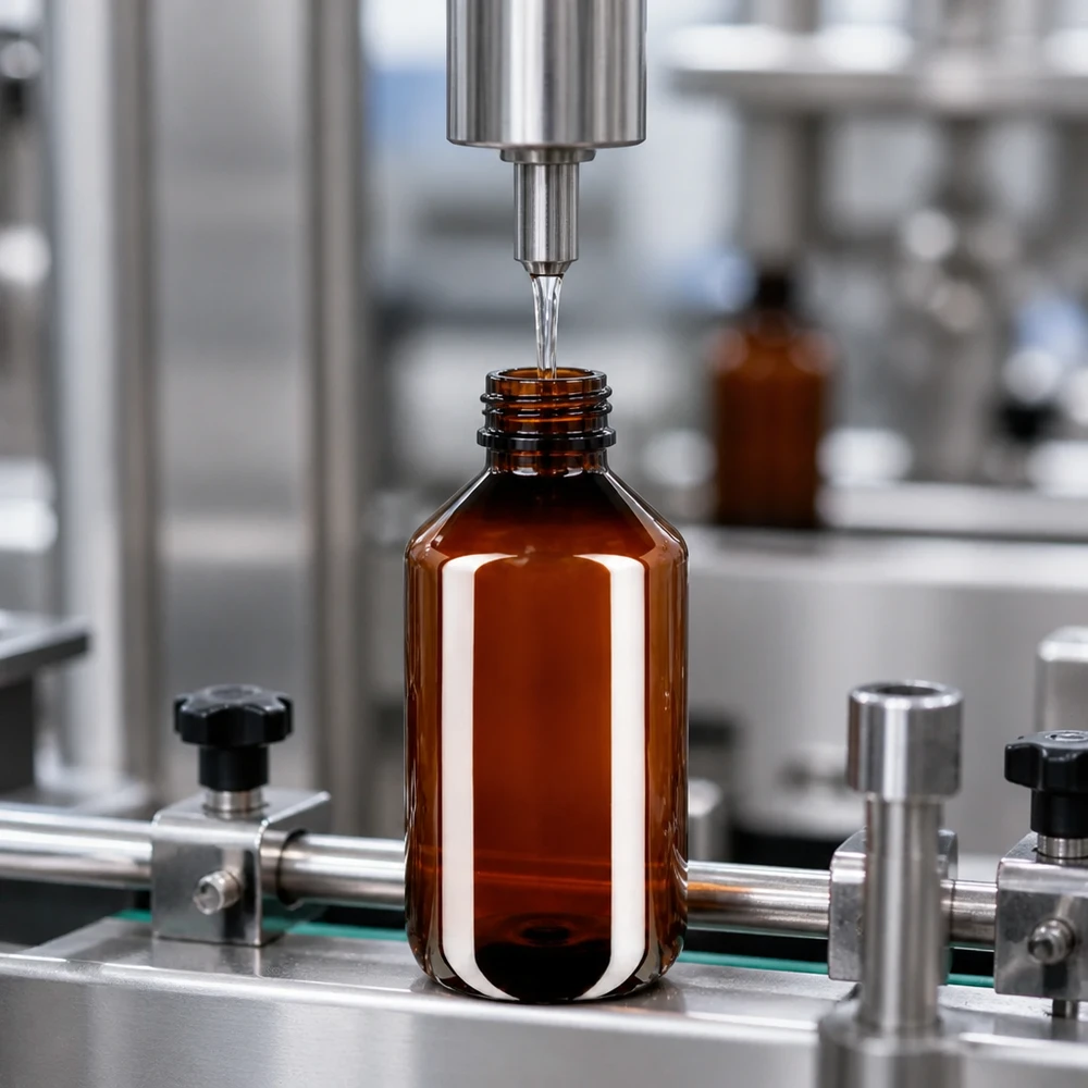 Automatyczna linia rozlewnicza napełnia brązową butelkę PET o pojemności 500 ml z zielonym oryginalnym zamknięciem