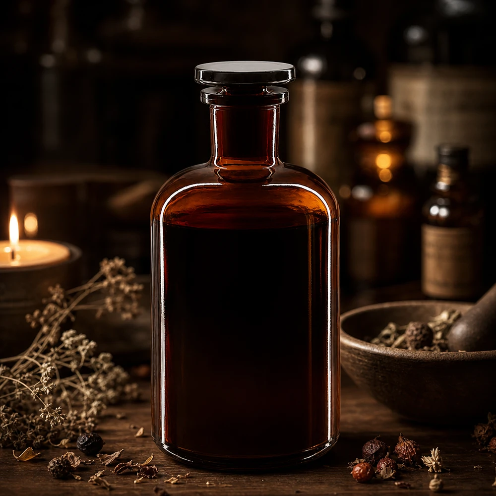 Okrągła butelka na ramię 500 ml z brązową wąską szyjką i szklanym korkiem Butelka o zaokrąglonych ramionach, 500 ml, z brązowego szkła, z wąską szyjką i szklanym korkiem, przeznaczona do ekstraktów ziołowych i nalewek