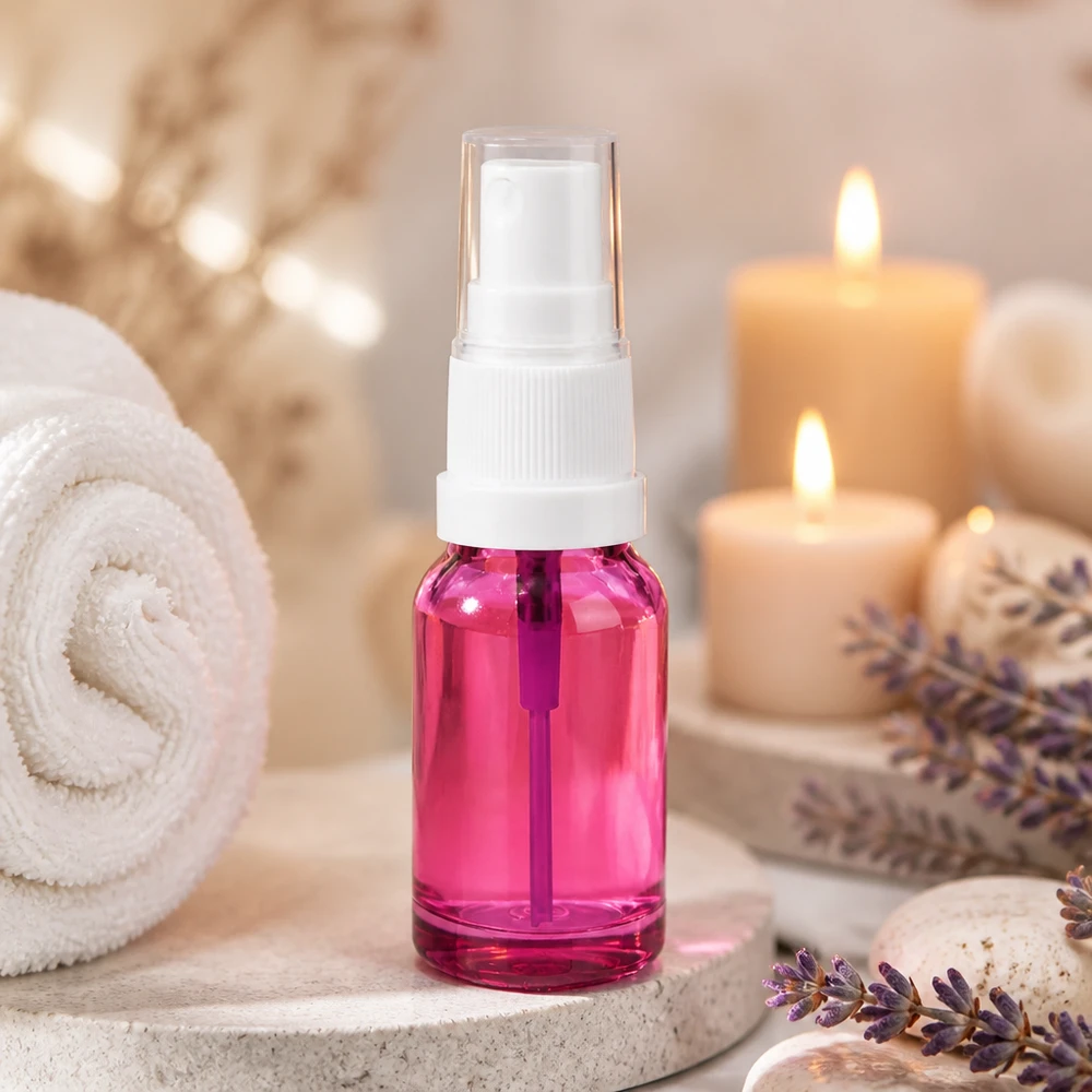 Butelka z rozpylaczem 10 ml biała/przezroczysta Standard PurpleLine UT18/10 Szklana butelka z rozpylaczem o pojemności 10 ml w eleganckim fioletowym kolorze, idealna do kosmetyków DIY i kosmetyków naturalnych.